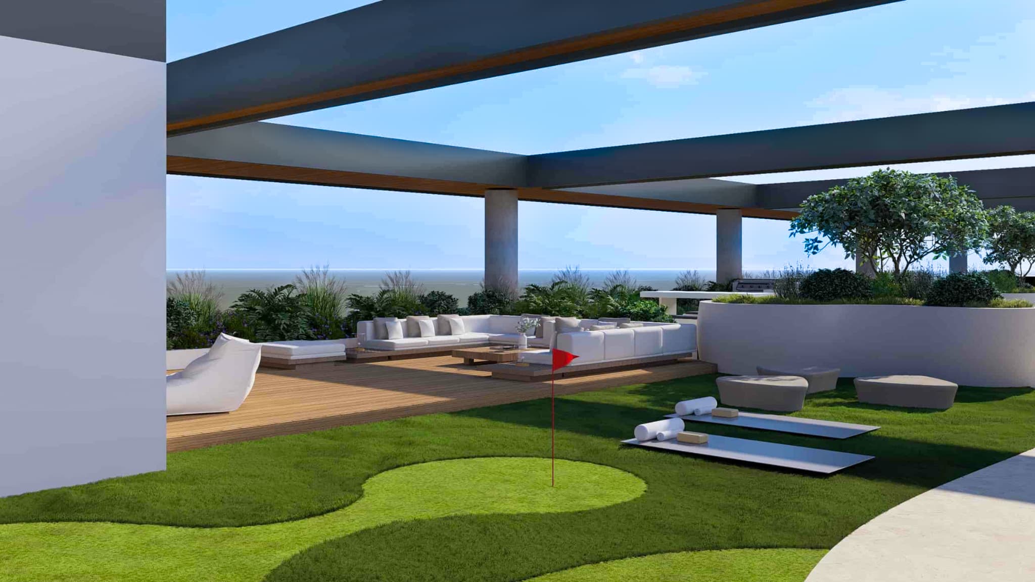 Amenity deck landscape design at One Beverly Tower, Arjan, Dubai with a putting green, lounge seating and pergola shade structure