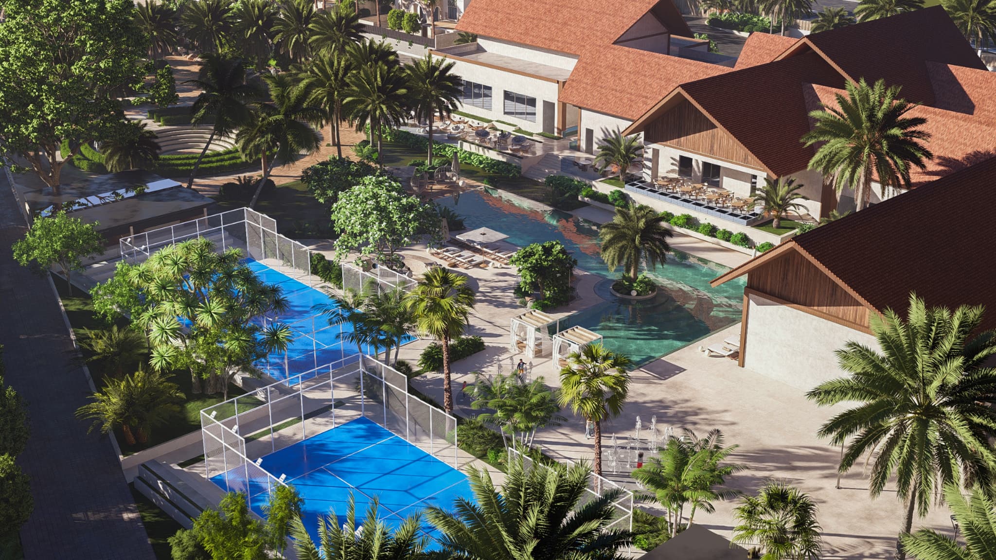 Aerial view of the Amani Community commercial landscape project in Tanzania with a lagoon pool, padel courts, clubhouse and palm groves