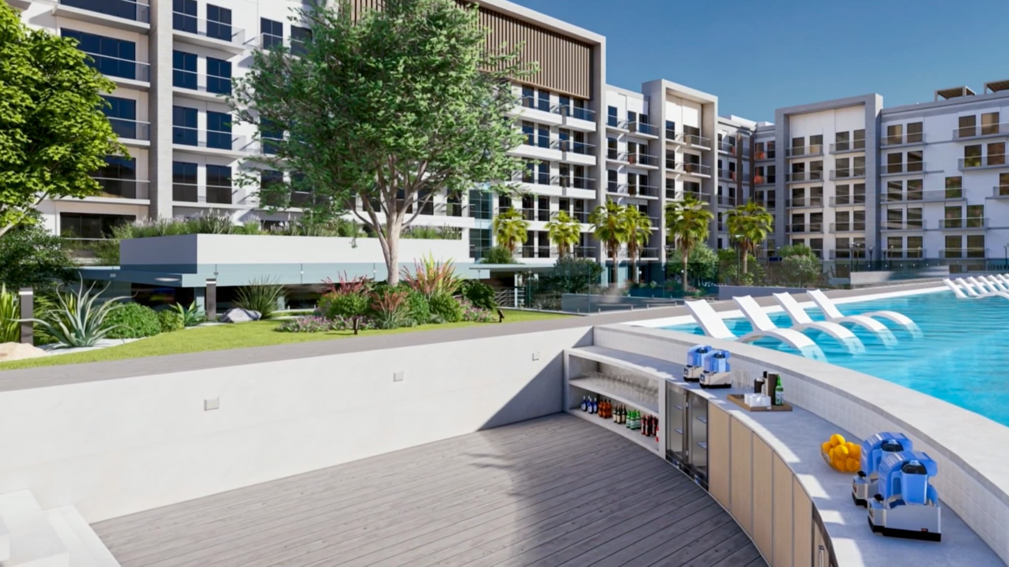 Pool deck landscaping and swim-up bar at the Aqua Properties residential development in Dubai, UAE