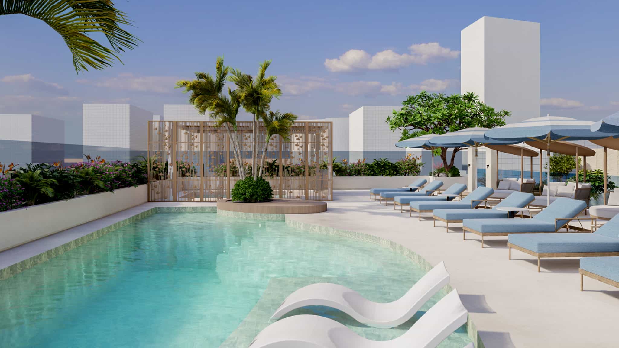 Pool deck landscaping with sun loungers, palms and tropical planters at a Garden City development in the UAE