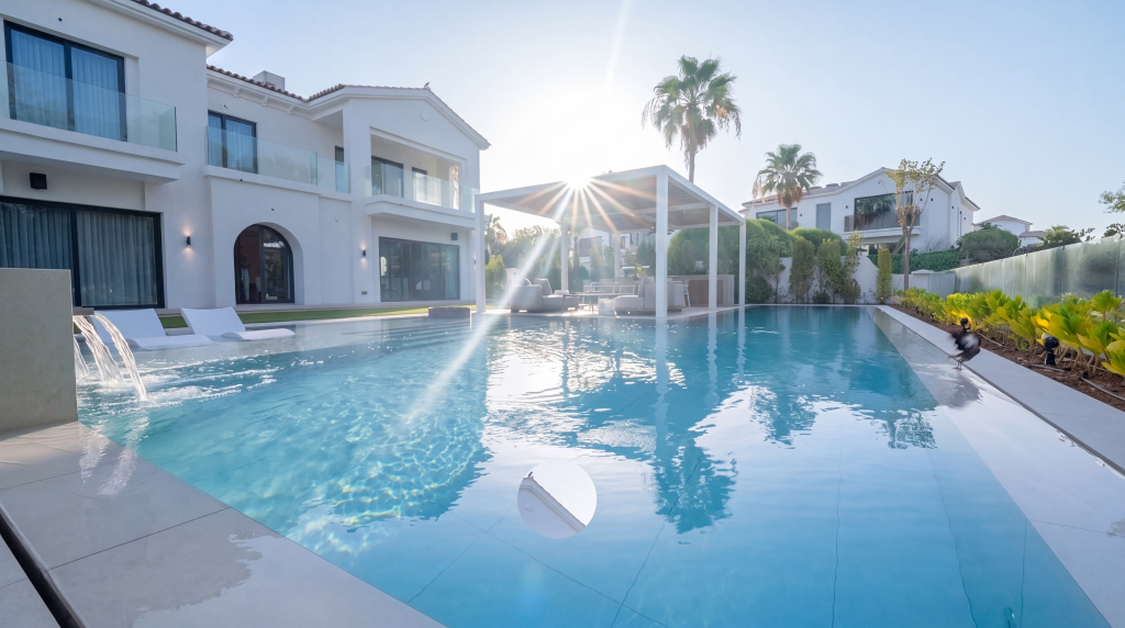Villa landscape design and build in Dubai with a swimming pool, water spouts, in-water loungers, lawn and shaded pergola lounge