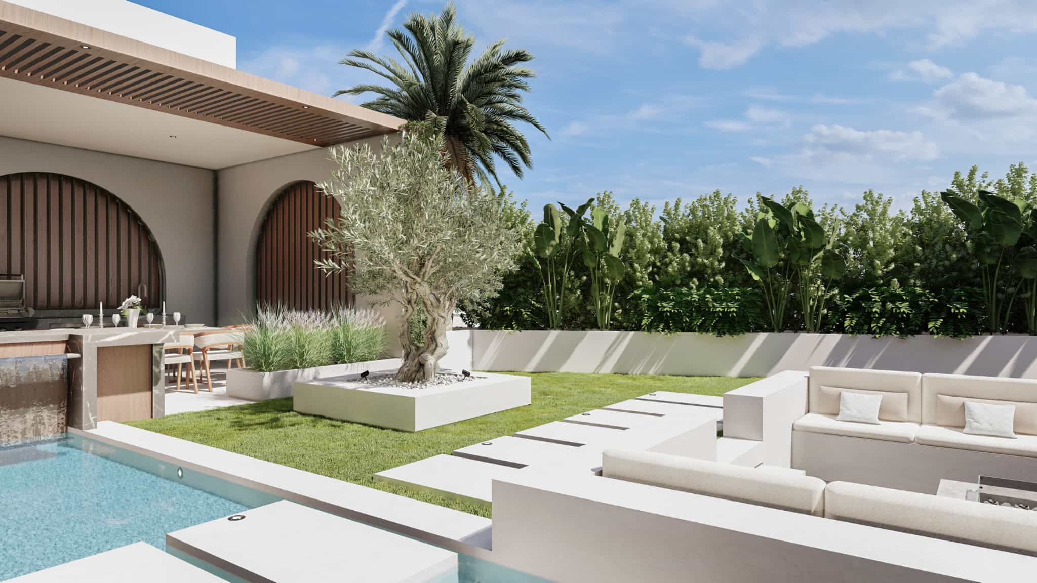 Private villa landscape design in Libya with a swimming pool, olive tree feature planter, lawn and outdoor kitchen