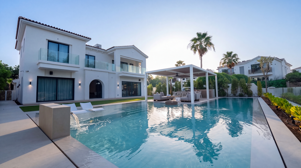 Villa landscape design and build in Dubai with a swimming pool, water spouts, in-water loungers, lawn and shaded pergola lounge
