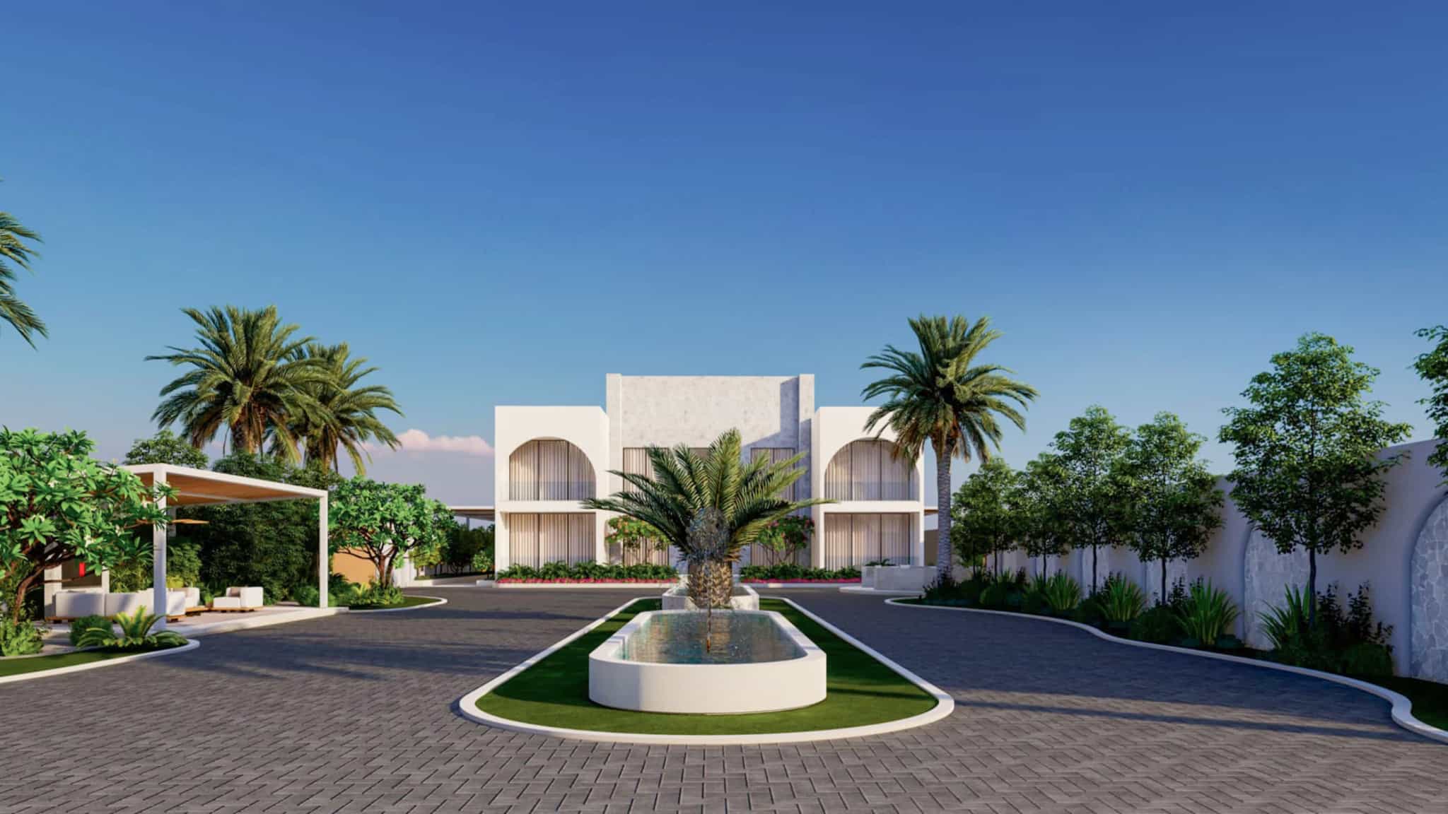 Private villa entrance landscape design in Tanzania with a paved driveway, palm-framed water feature and tropical planting