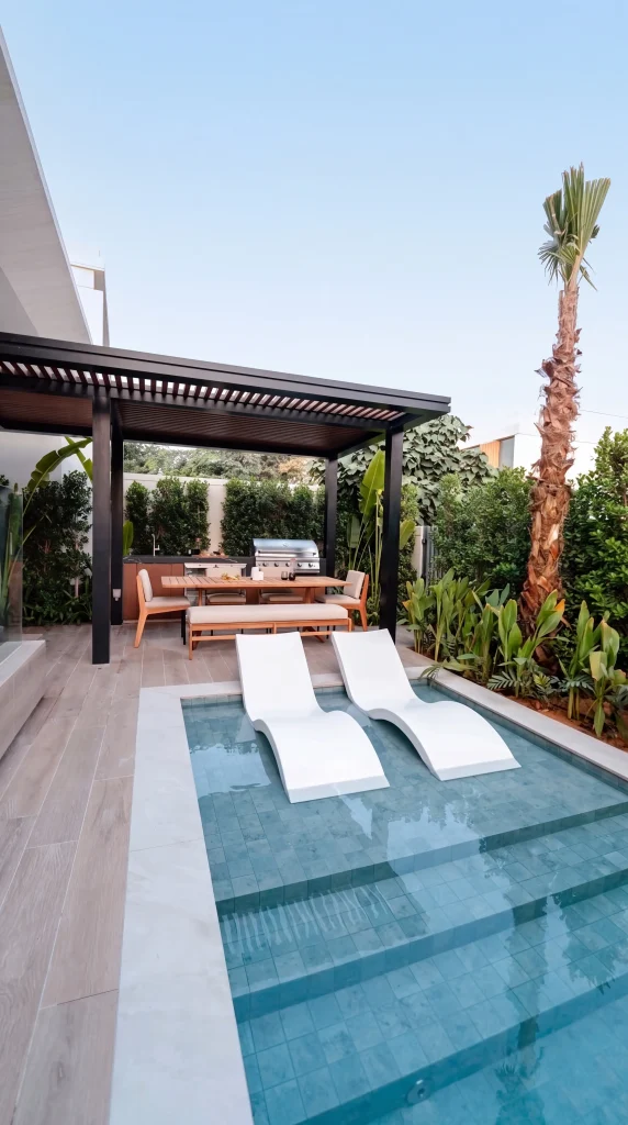 Pool landscape design in Tilal Al Ghaf, Dubai with in-water loungers, a black steel pergola and tropical planting