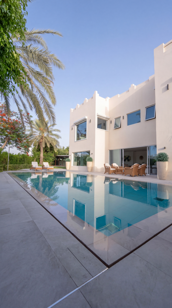 Villa landscape design and build in The Meadows, Dubai with a swimming pool, shaded poolside seating, built-in bench and garden lighting