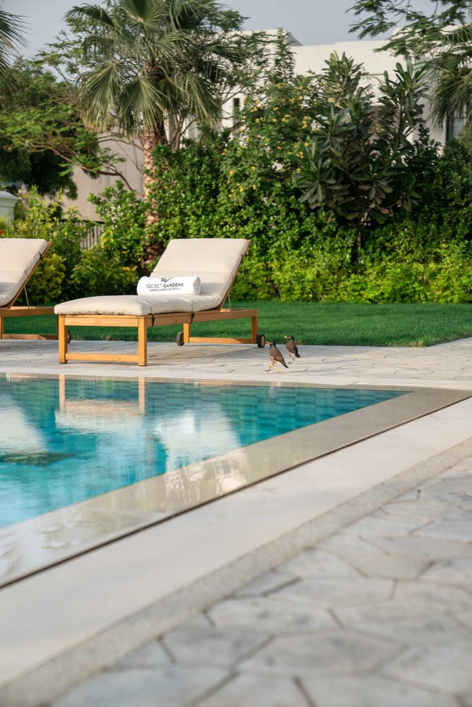 Luxury villa landscape design and build in Emirates Hills, Dubai with a swimming pool, tropical garden planting and shaded outdoor living areas