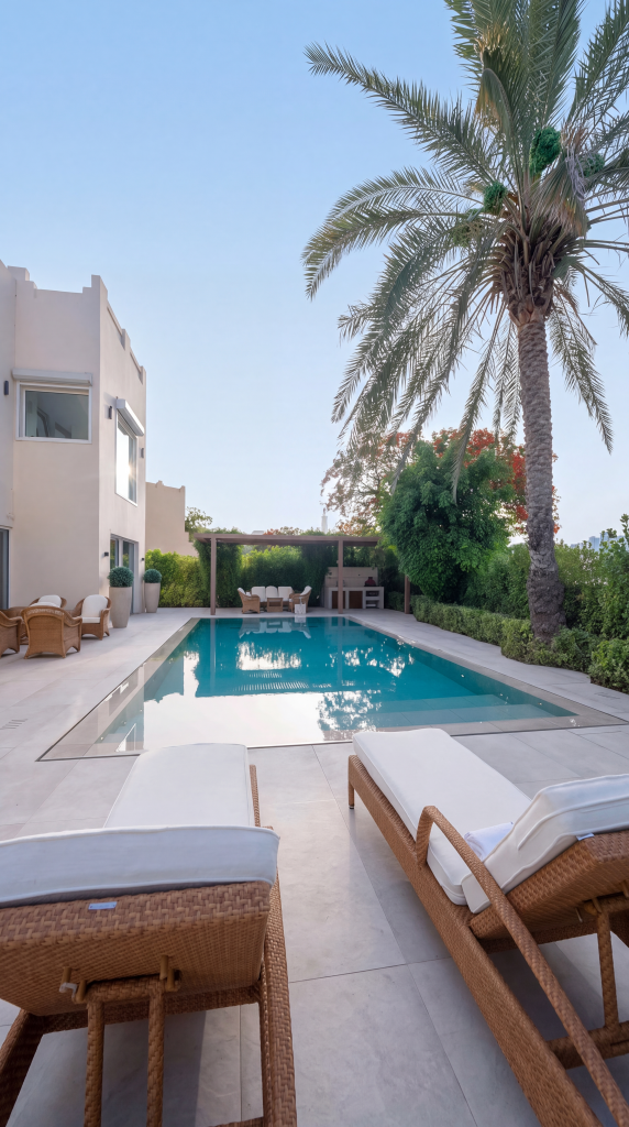 Villa landscape design and build in The Meadows, Dubai with a swimming pool, shaded poolside seating, built-in bench and garden lighting