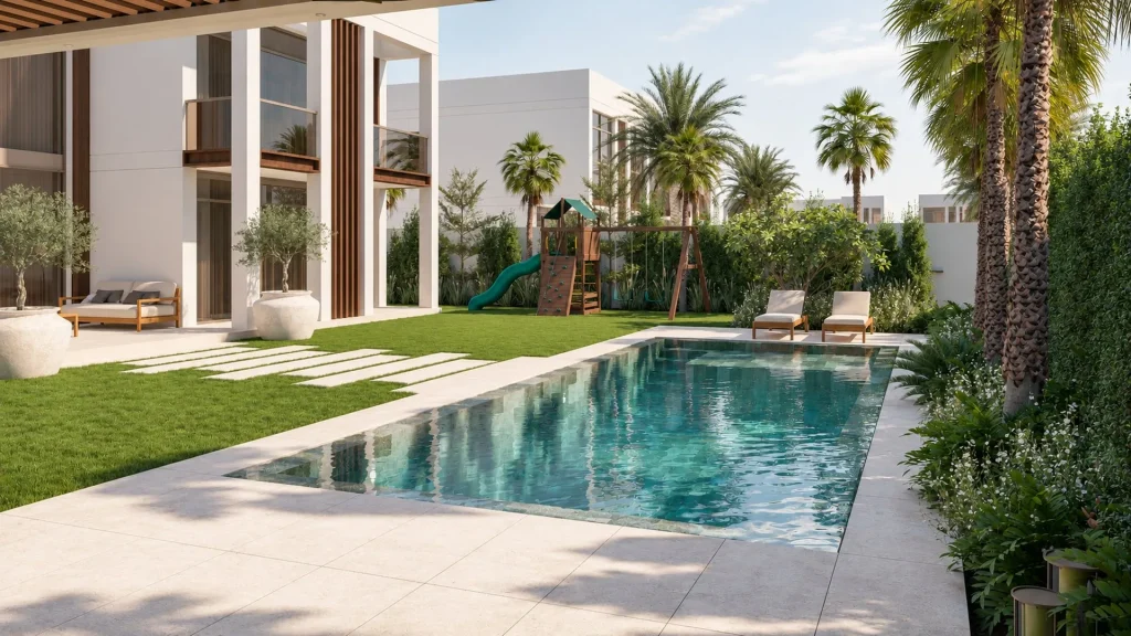 Villa garden with pool, lawn and children's play area